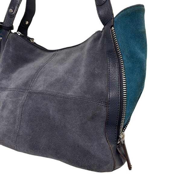 TIGNANELLO  Navy/Emerald  Green Suede Leather Shoulder Bag With Expandable Sides - Picture 4 of 13